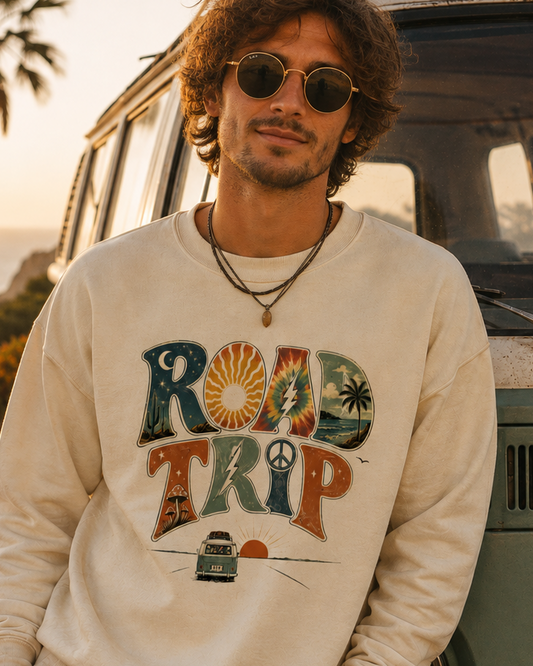 Road Trip Sweatshirt — Unisex Graphic Crewneck Sweatshirt | LowCool Brands